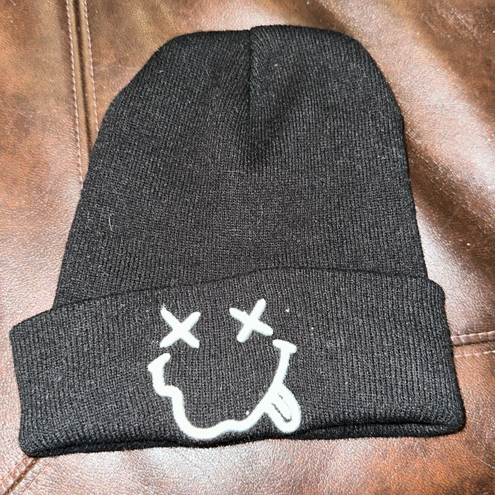 Adult Smiley Face Beanie Winter Hat Warm Cap Black Stetchy OSFA